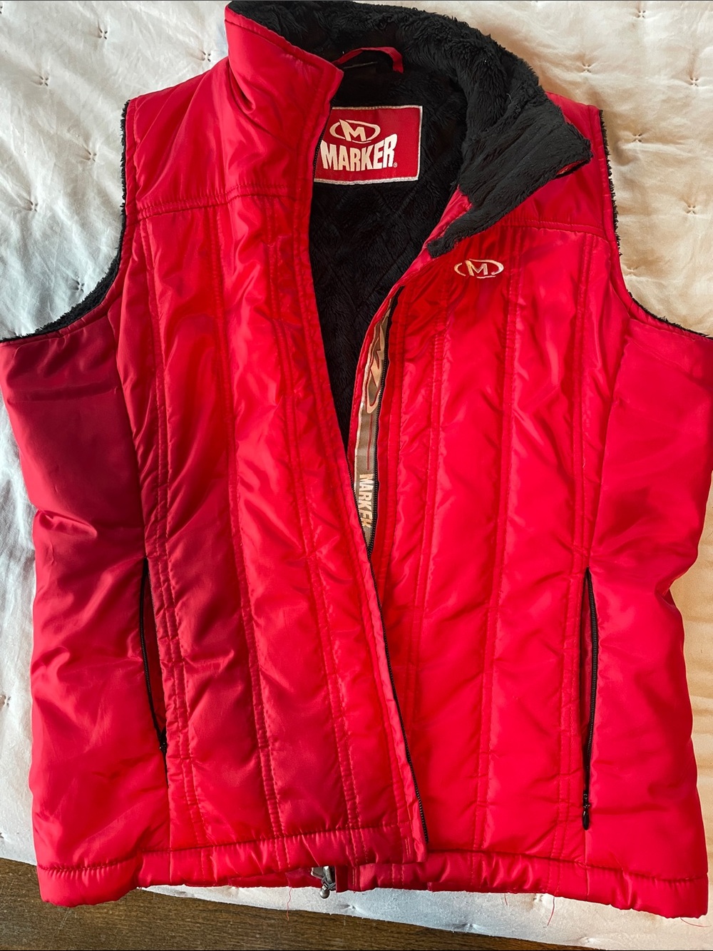 Marker Red Quilted Puffer Vest with Black Fleece Lining